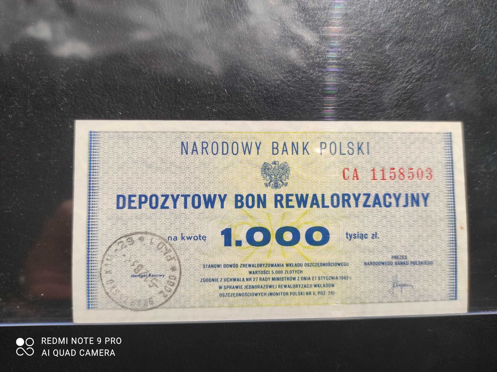 Depozytowy bon rewaloryzacyjny 1000 zł, UNC