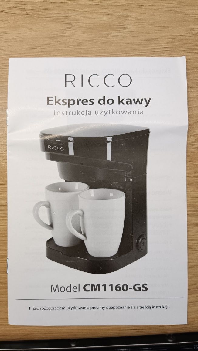 Ekspres do kawy przelewowy RICCO + 2 kubki porcelanowe.NOWY.