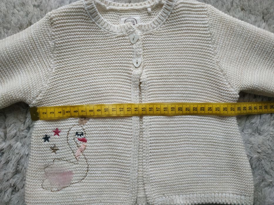 Sweter/kardigan/ecru/złota nitka/łabędź/serduszka/Cool Club/Smyk/r. 68