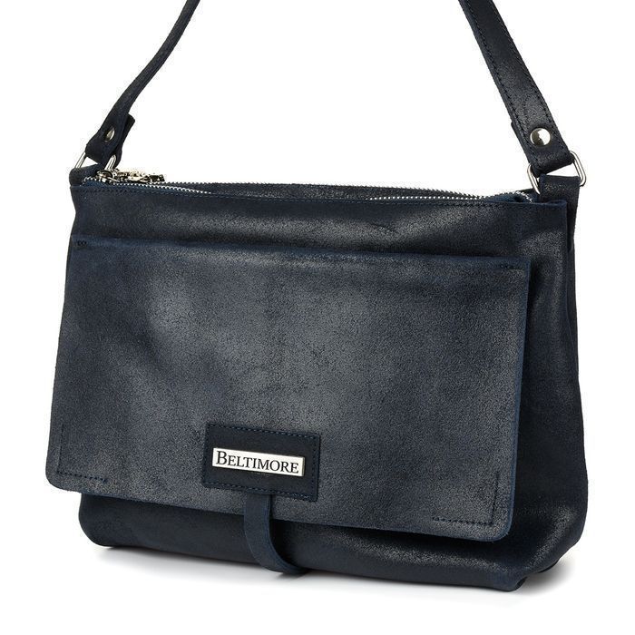 Beltimore Torebka Skórzana dwu komorowa Klapa Pasek granatowa premium