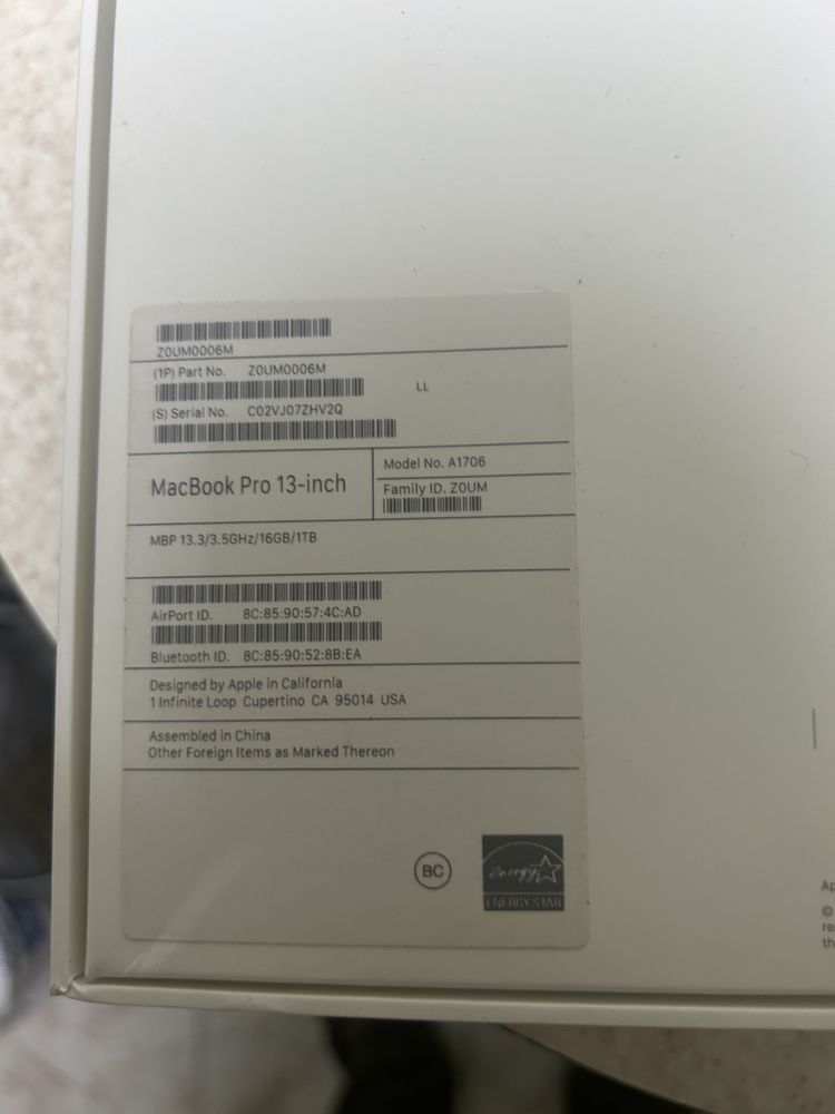 Macbook Pro 13 i7 16GB 1TB A1706 Touchbar