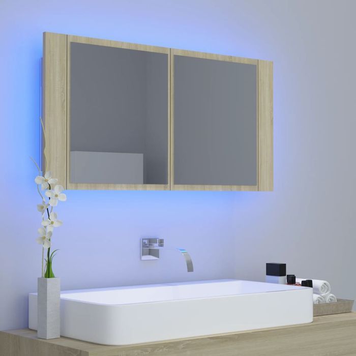 Vidaxl Szafka Łazienkowa Z Lustrem I Led, Dąb Sonoma, 90X12X45 Cm