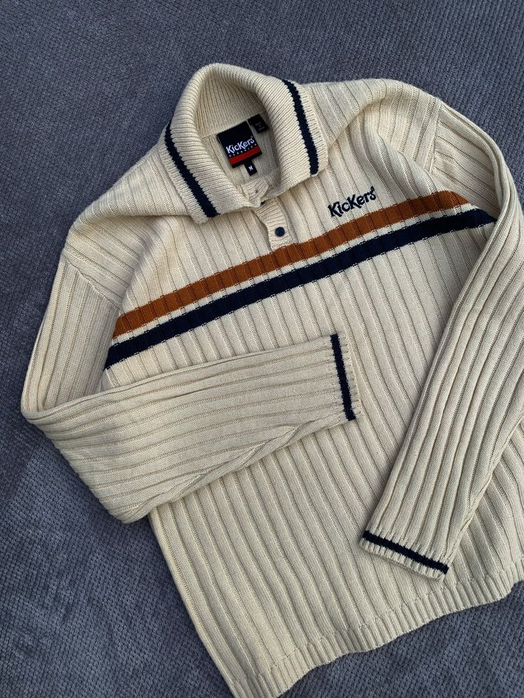 Kickers Stripe Chest Logo Knit Polo Shirt Cream Size:M-L светр лонг