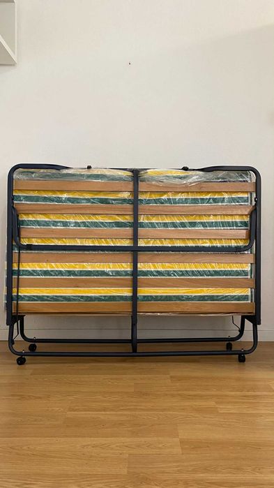 Cama casal dobrável + estrado ripas + colchão conforto firme