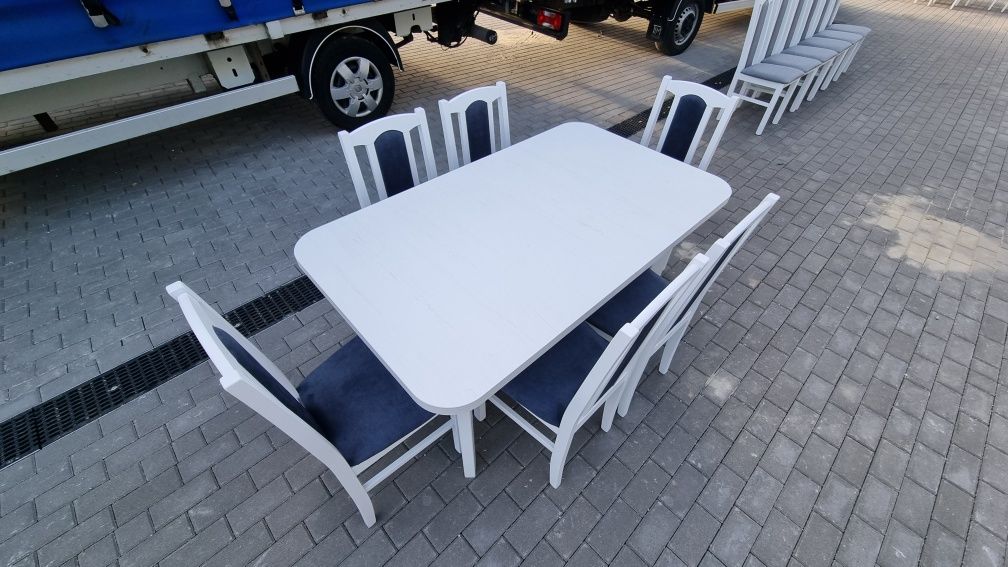 Stół 80x140/180 + 6 krzeseł, biały+metaliczny granatowy, dostawa PL