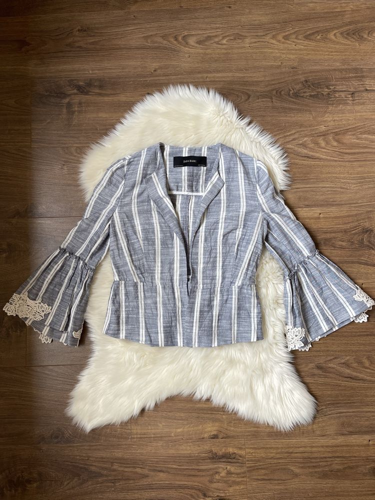 Zara basic lniana marynarka niebieska beżowa w paski z koronką xs