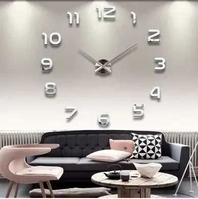3D часы на стену 120 см большие,серые,зеркальные ZH002
