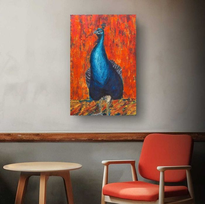 Obraz Olej Paw Czerwień 40x60 Impasto Abstrakcja Pióra Faktura