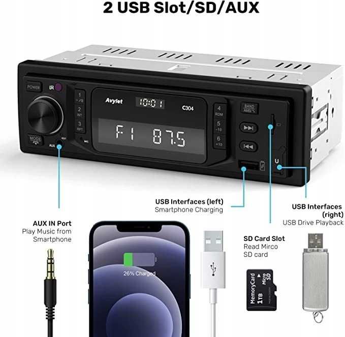 Radio Samochodowe AVYLET C304 Radioodtwarzacz AKCESORYJNY 1-DIN usb