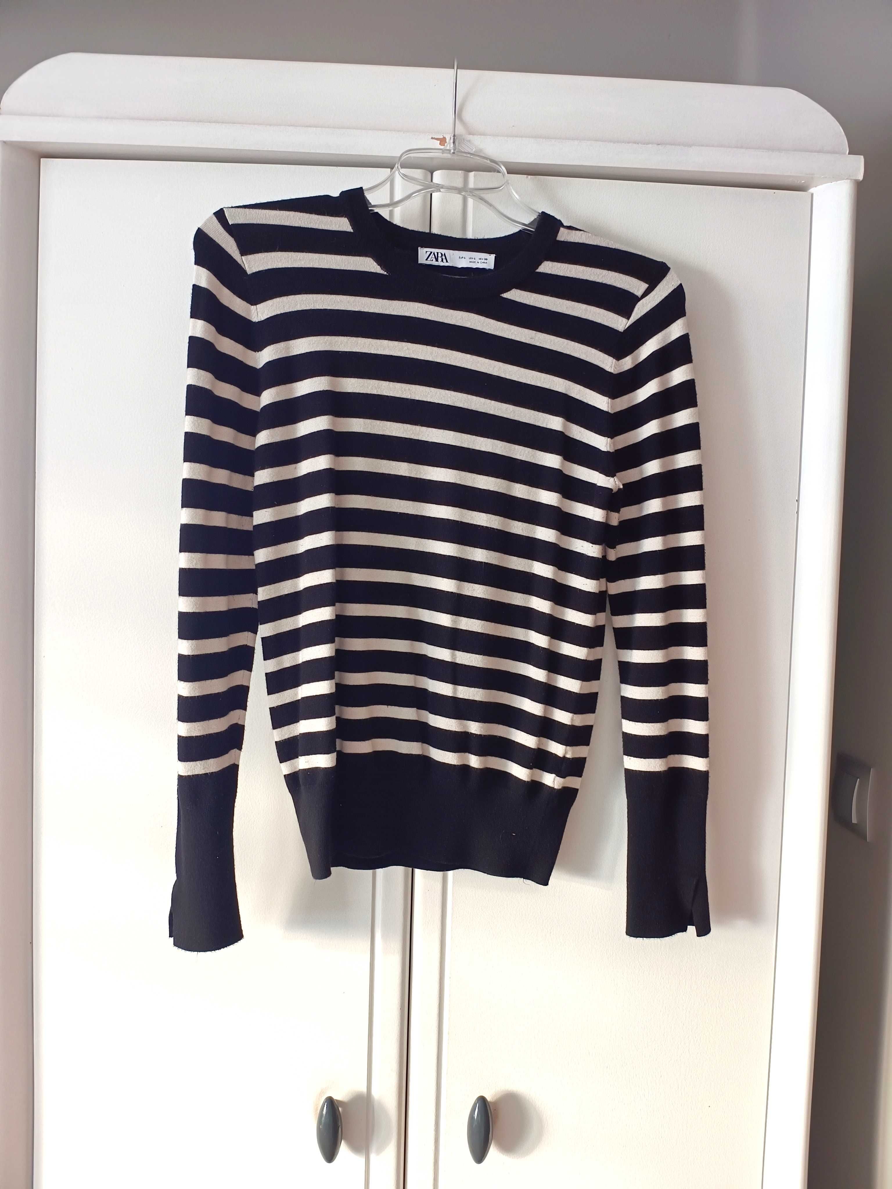 Zara 40L Mex30 czarny sweterek w biale pasy paski damski elegancki