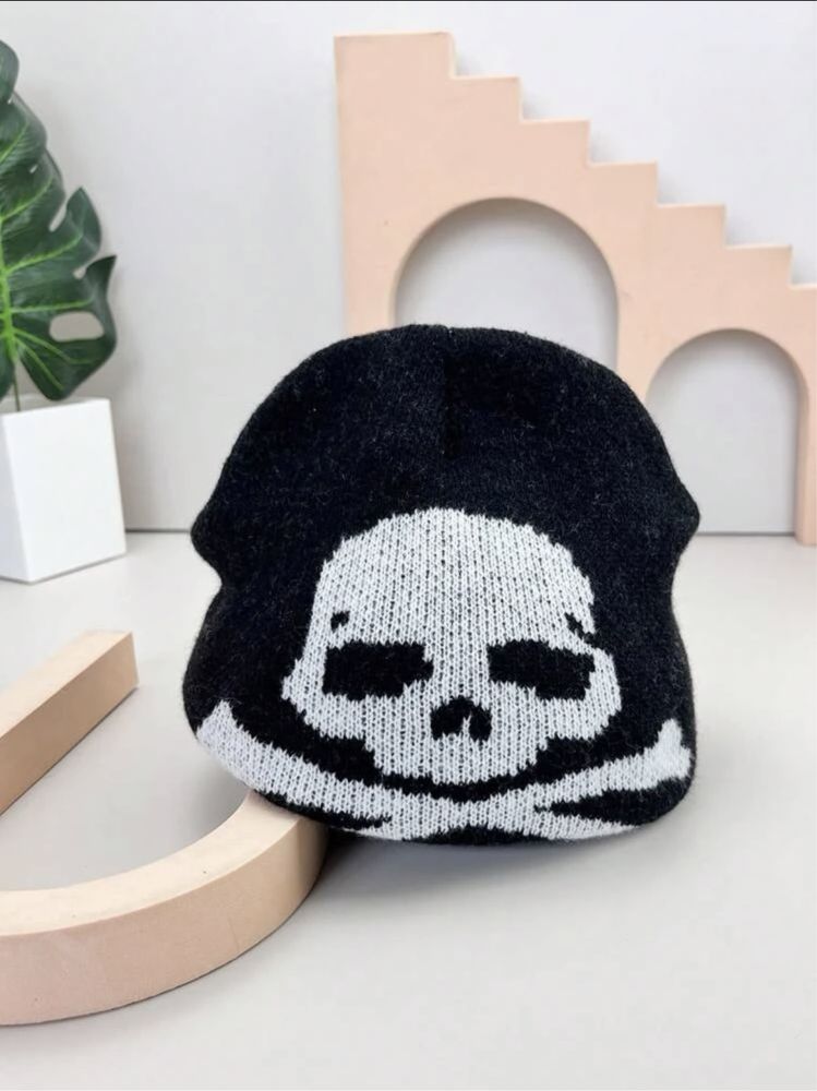 Nowa modna czarna czapka zimowa beanie z motywem czaszki Skull y2k
