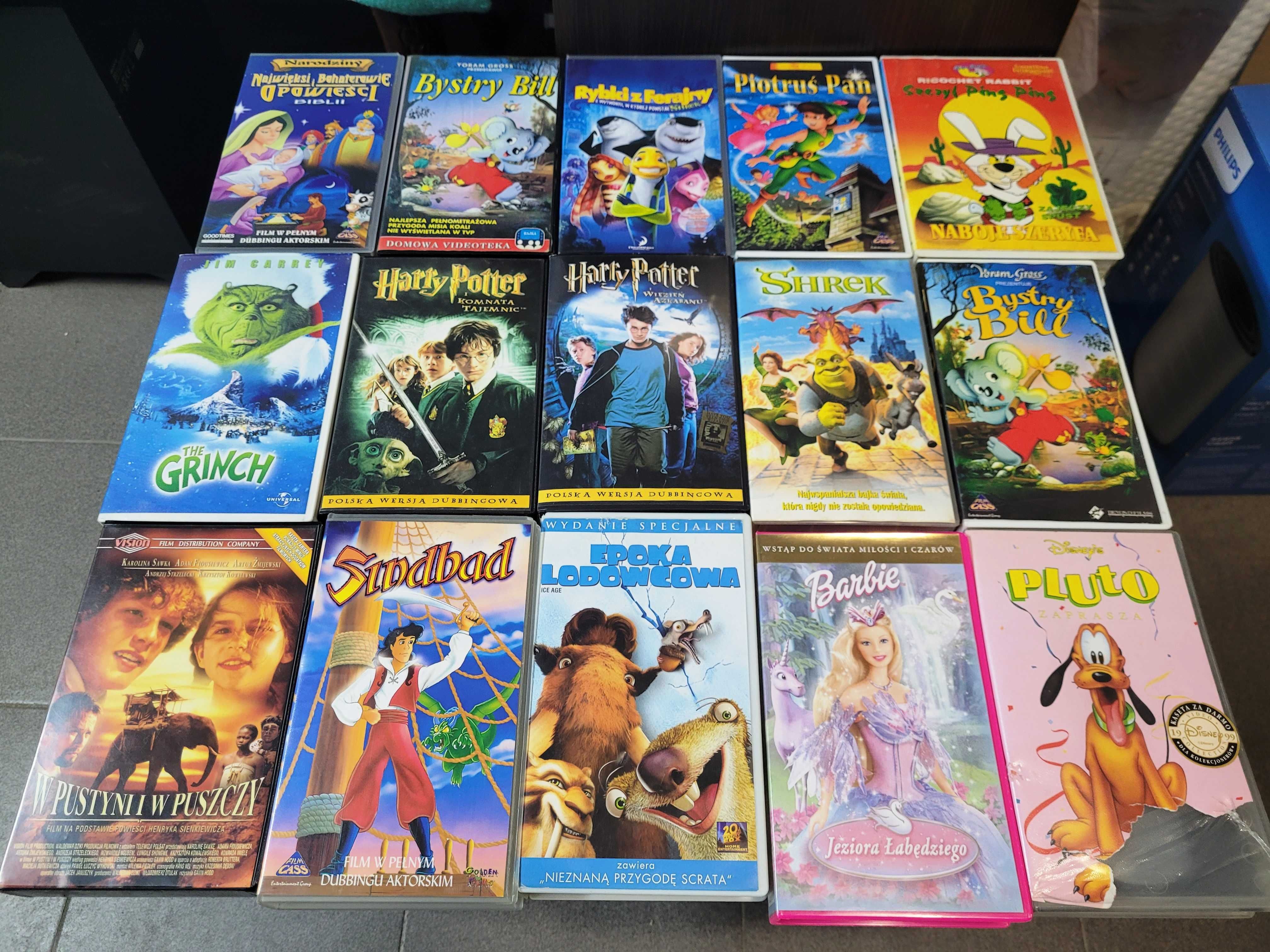 Kasety VHS PL np Harry Potter Shrek Szeryf Ping Ping Komplet 15 szt MŁ