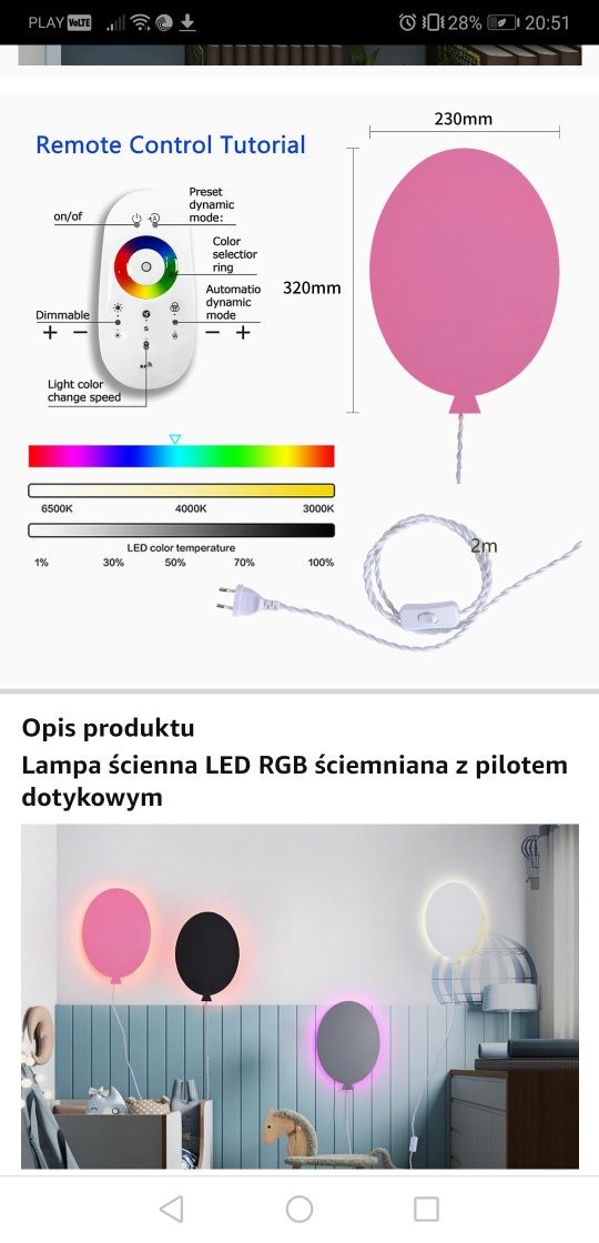 Lampa do pokoju dziecięcego, lampa ścienna LED RGB w kolorze białym