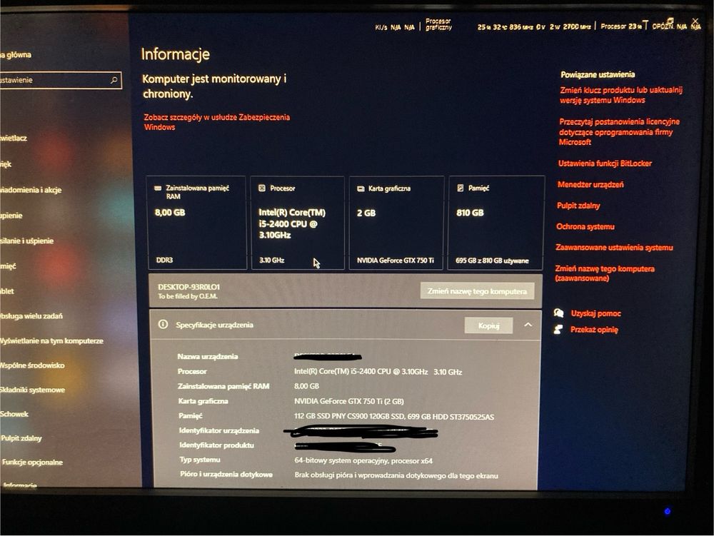 Komputer do gier i5 2400  GTX 750 Ti  8 GB RAM  SSD  HDD