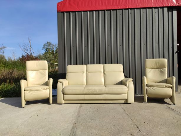Sofa 3-osobowa funkcją spania+2 fotele RELAX- skóra naturalna!Jak nowy