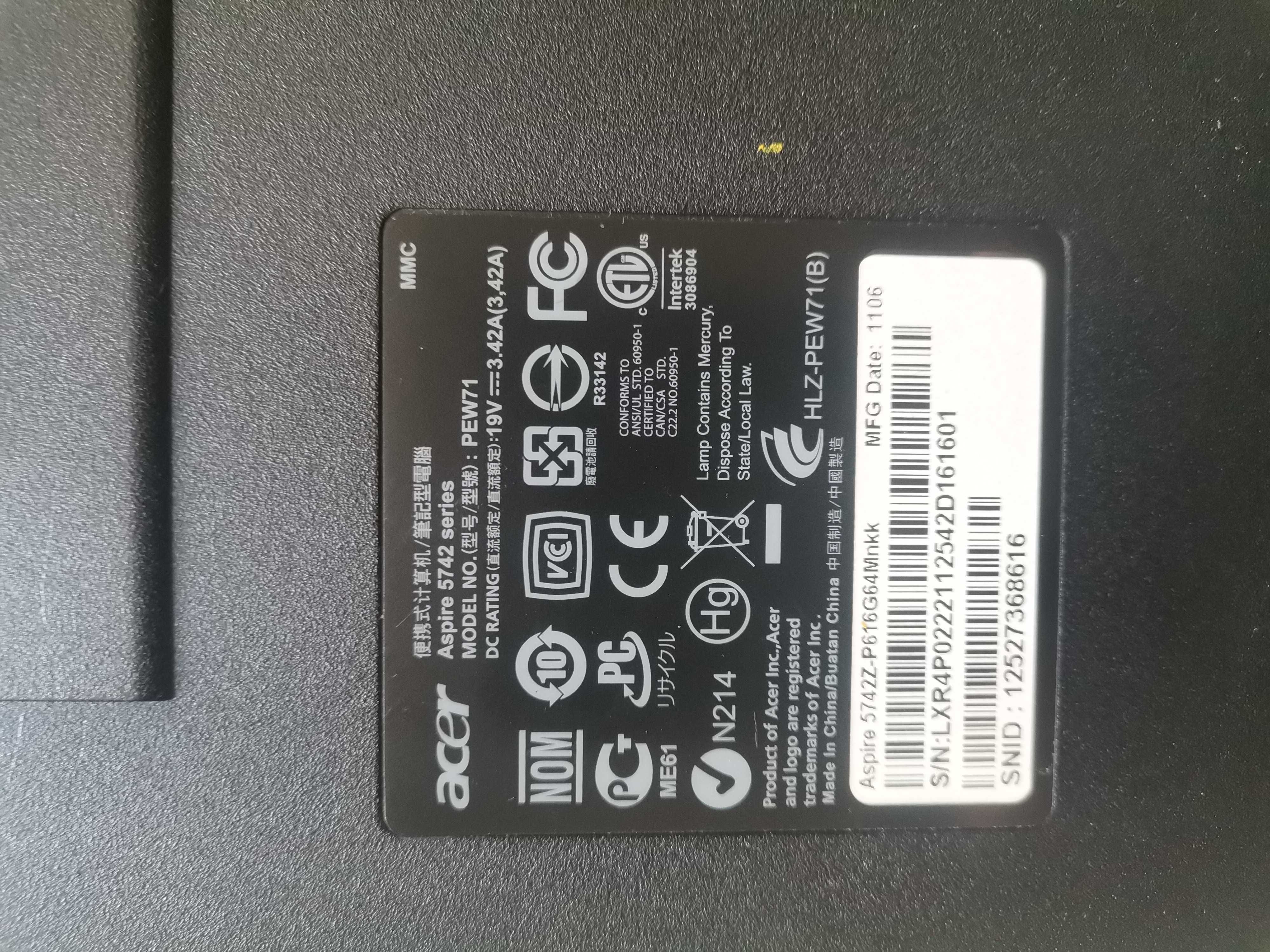 Acer aspire 5742 model pew71 500gb 8