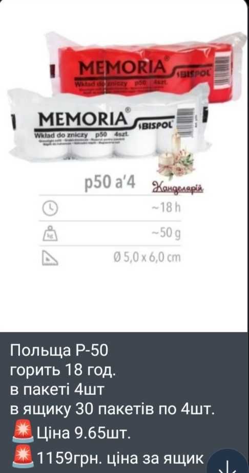 Свічка столова запаска вклади Memoria Bispol Україна Польща