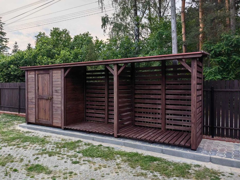 Drewutnia z domkiem narzędziowym 6x1,1m, wiata na drewno opałowe
