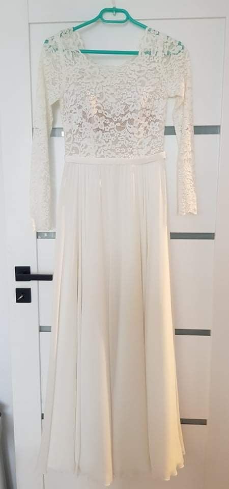 Piękna suknia ślubna, rozm 34/36, koronka, muslin, 165cm +9cm obcas
