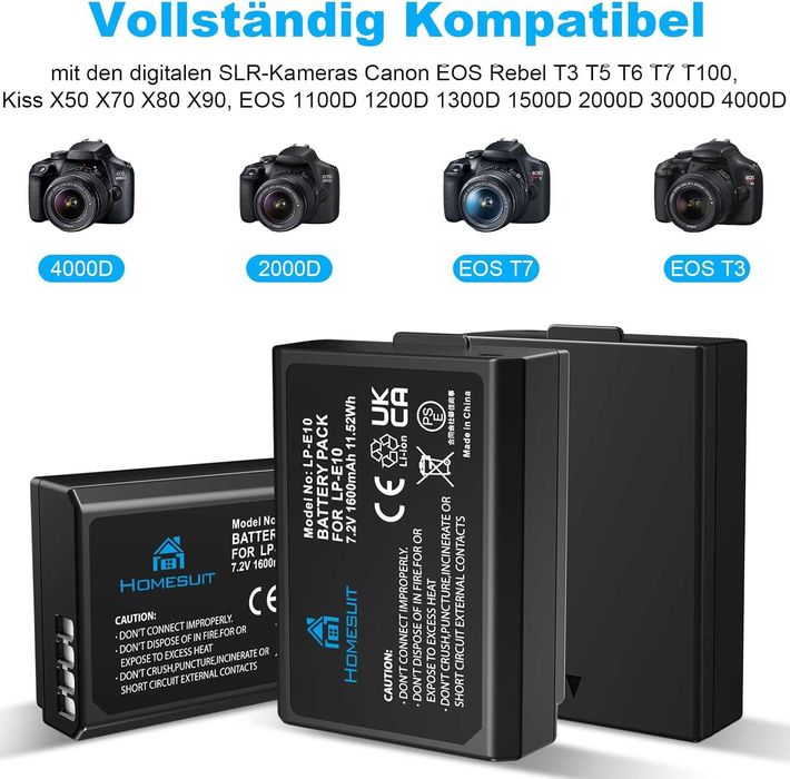 Zestaw 3 akumulatory 1600 mAh + ładowarka Homesuit LP-E10 do Canon EOS