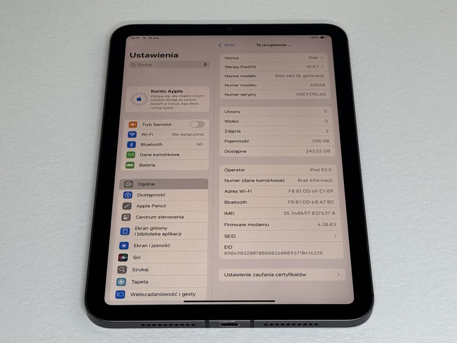 iPad mini 6 (A2568) - 256GB - Cellular (LTE) - faktura VAT 23%