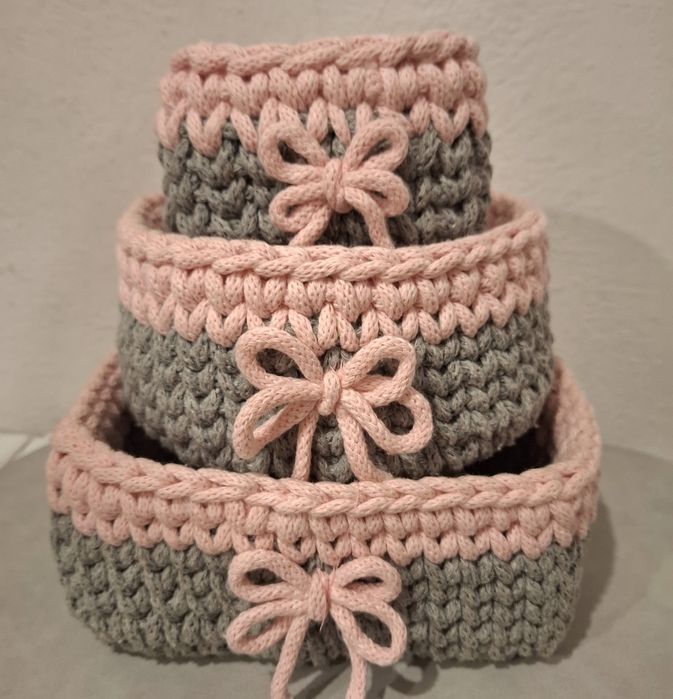 Koszyk na szydełku komplet kosz sznurek bawełniany handmade rękodzieło