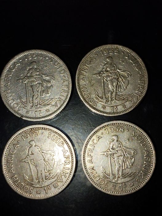 Moedas de Prata 1 Shilling 1954, 1955, 1957 e 1958 África do Sul