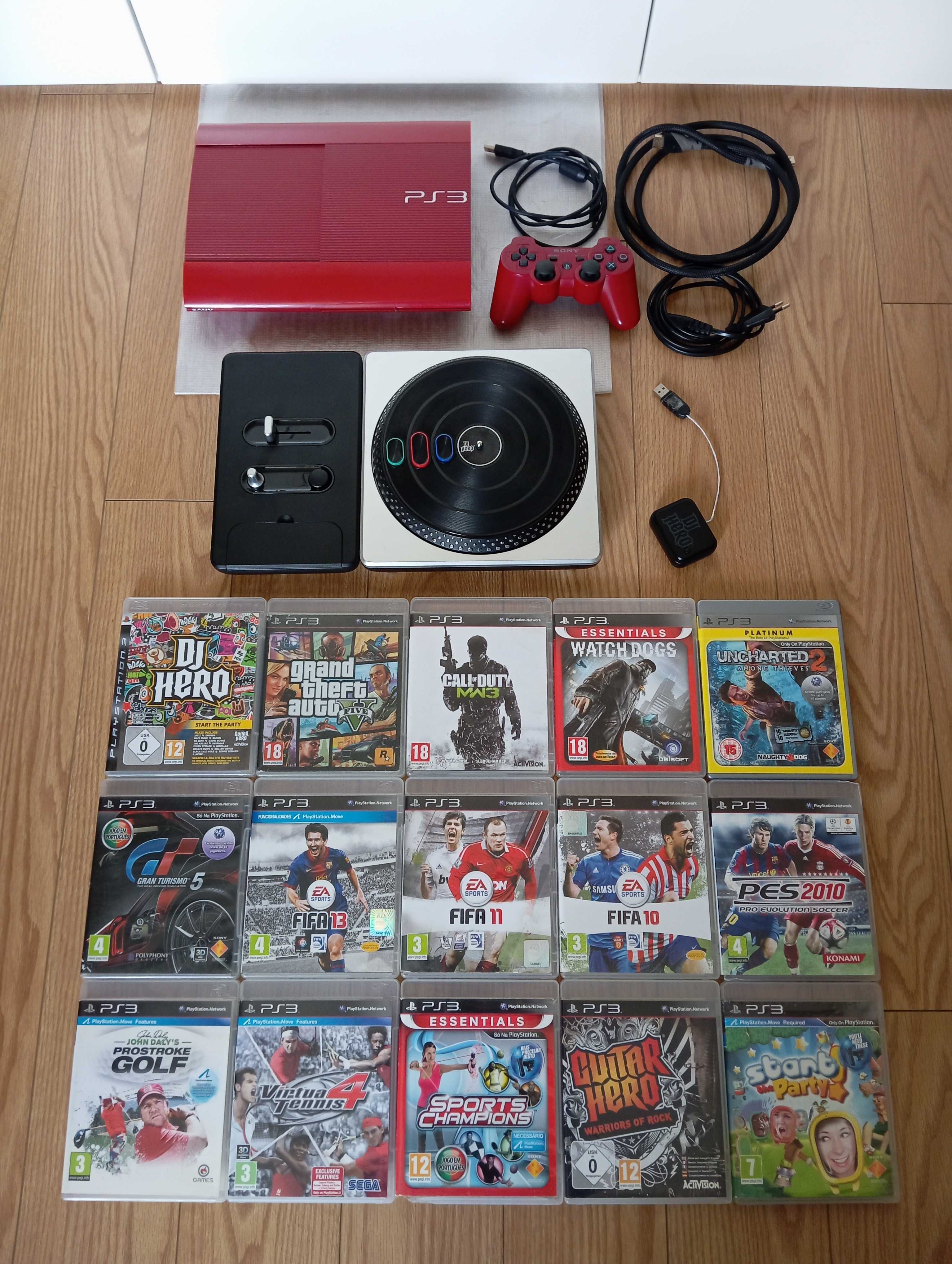 PS3 super slim 500GB vermelha, PlayStation 3, comando, DJ Hero e jogos