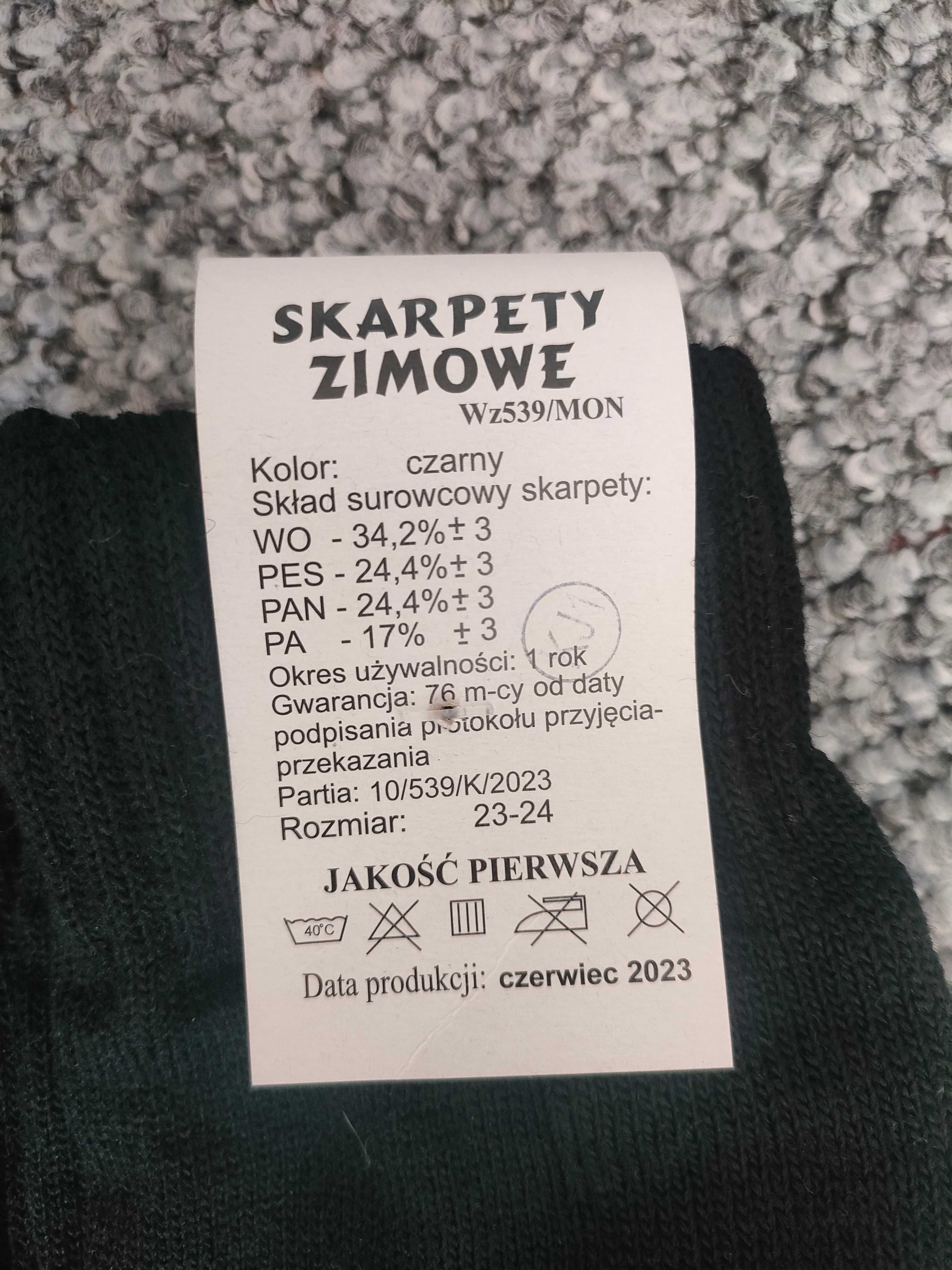 Skarpety wojskowe zimowe 3 pary, rozmiar 23-24cm. Nowe