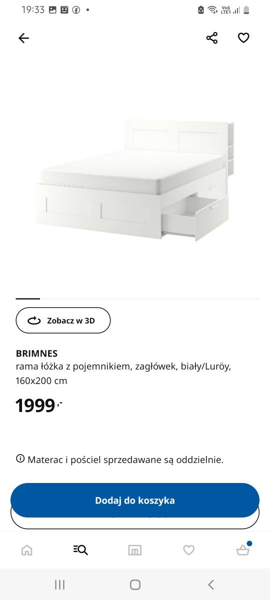 Ikea brimnes łóżko z szufladami zagłówek