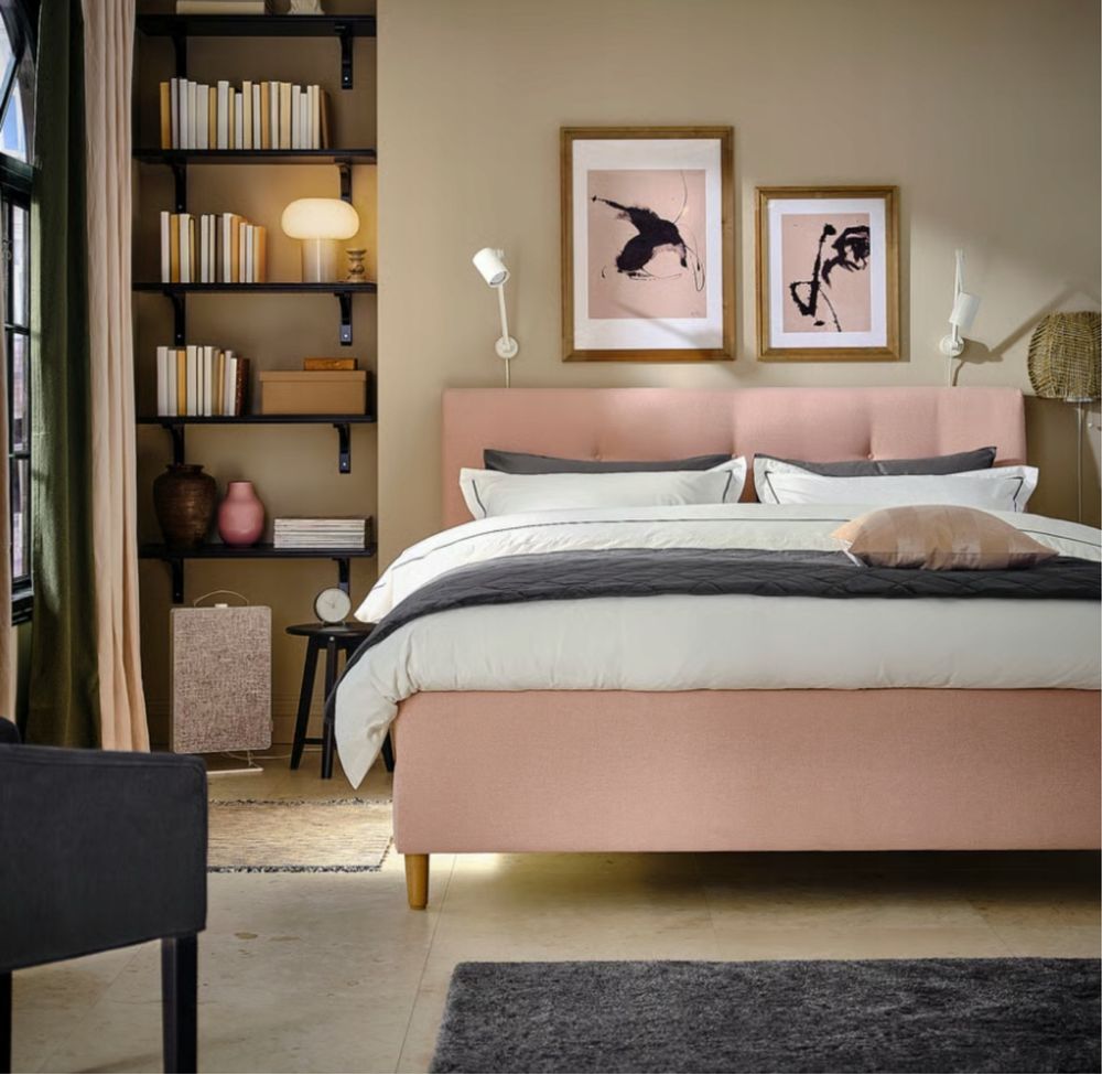 ŁÓŻKO IKEA IDANÄS – tapicerowana rama, jasnoróżowe – 180x200 cm, nieuż