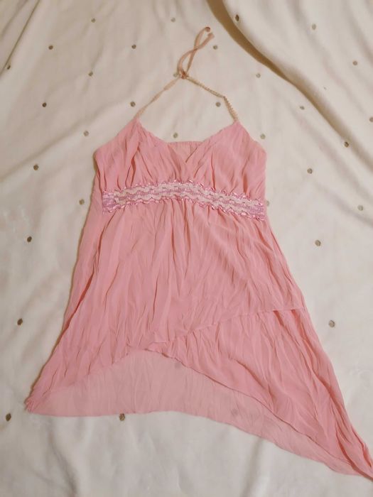 Zwiewna różowa bluzka wiązana na szyję cekiny S M asymetryczna