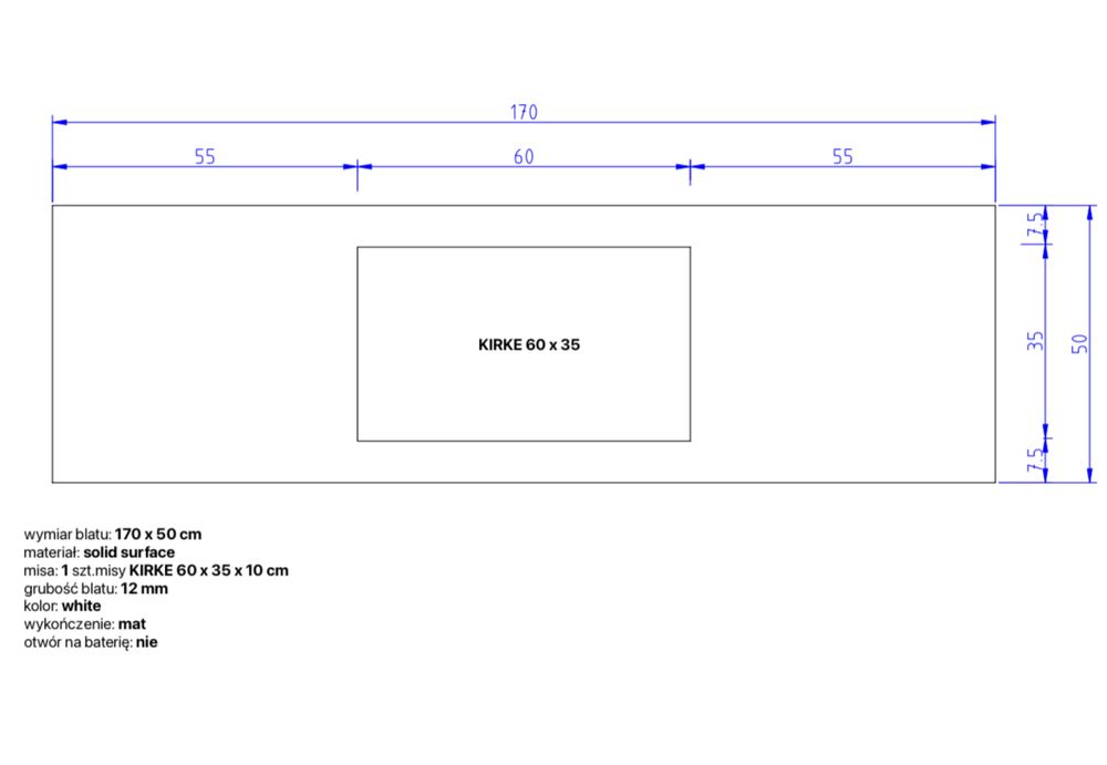 Umywalka konglomerat 170x50 , odplyw liniowy