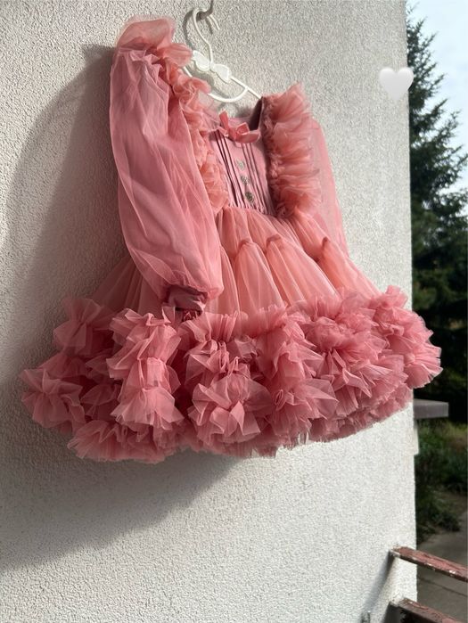 Sukienka princessa bajkowa tutu długi rękaw pudrowy róz rozkloszowana