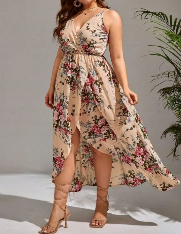 Elegancka sukienka beżowa kwiatki wesele 44 46