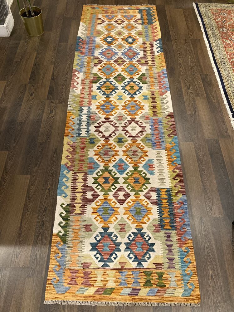 Passadeira Kilim Oriental feita à mão lã natural 300x85cm - Nova