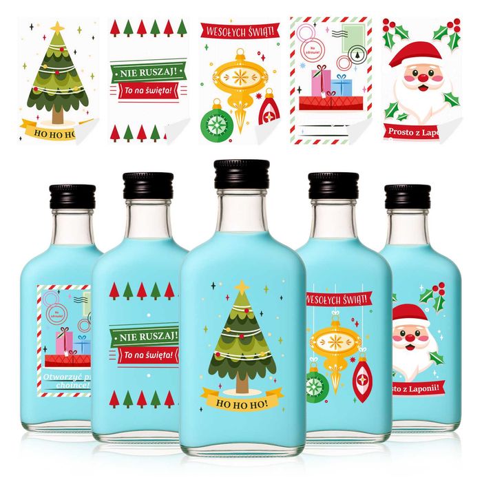5x Piersiówka 200 ml z ETYKIETAMI świątecznymi na nalewki prezent