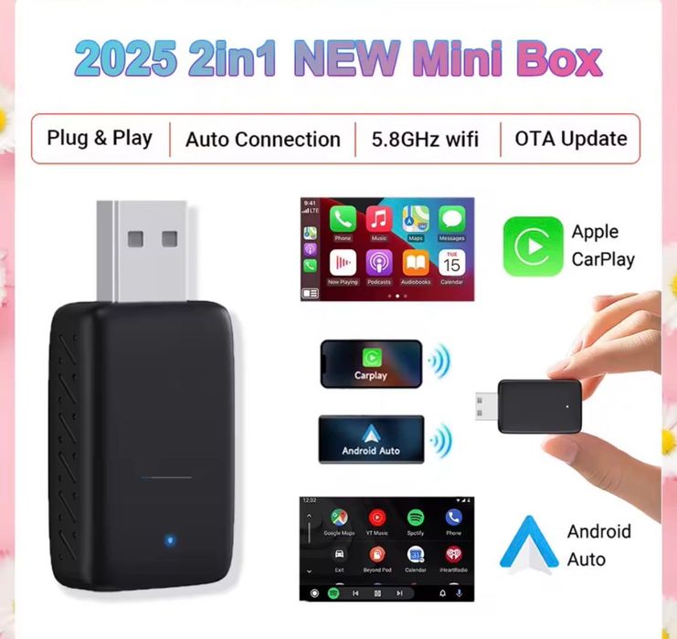 2025 адаптер 2в1 Smart Mini Box Wireless Carplay Adapter Android Auto