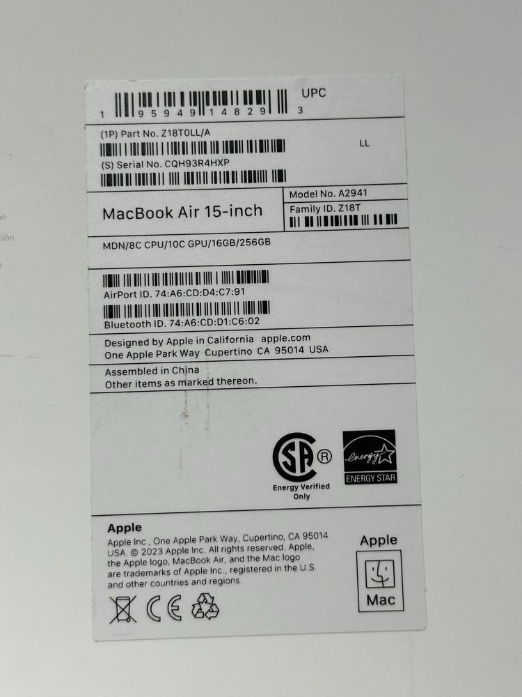 New MacBook Air 15’ M2 16/256GB Midnight