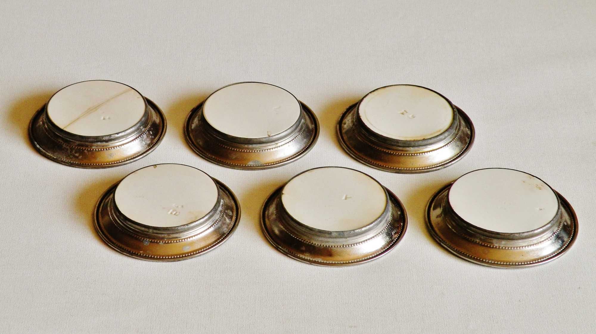 6 spodków porcelano-metalowych pod szklanki , prawdop. przedwojennych