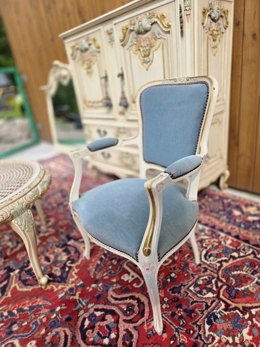 Francuski fotelik krzesło Ludwik niebieski kremowy #2073 Stylowy Węgró