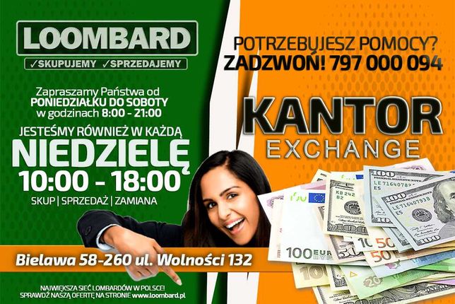 KANTOR WYMIANY WALUT 7 dni w tygodniu w Loombard.pl Bielawa