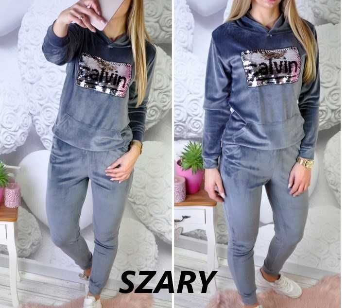Damski wygodny komplet dresowy welurowy z kapturem r. S - XL