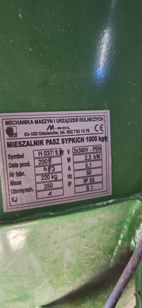Mieszalnik pasz Mrol i śrutownik ssąco tłoczący ley 7,5 kw