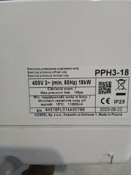 Przepływowy podgrzewacz wody Kospel 18kw 3Fazy