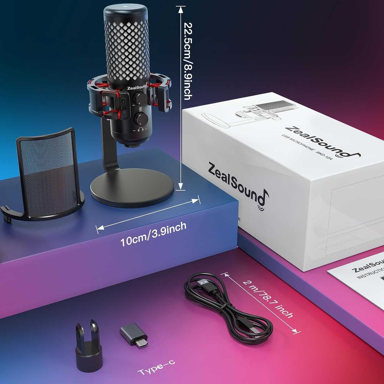 zealsound Gaming Microphone PC, mikrofon pojemnościowy USB RGB