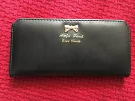 Стильный черный женский портмоне кошелек, бумажник на кнопке. Бантик