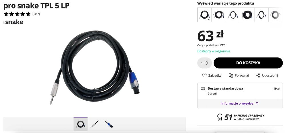 Zestaw Komplet kabli pro snake TPL 5 LP NOWY długość: 5m