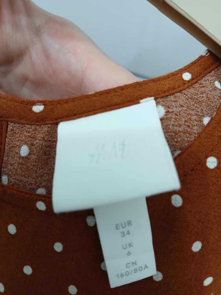 H&M karmelowa sukienka w białe grochy 34/36 maxi długa