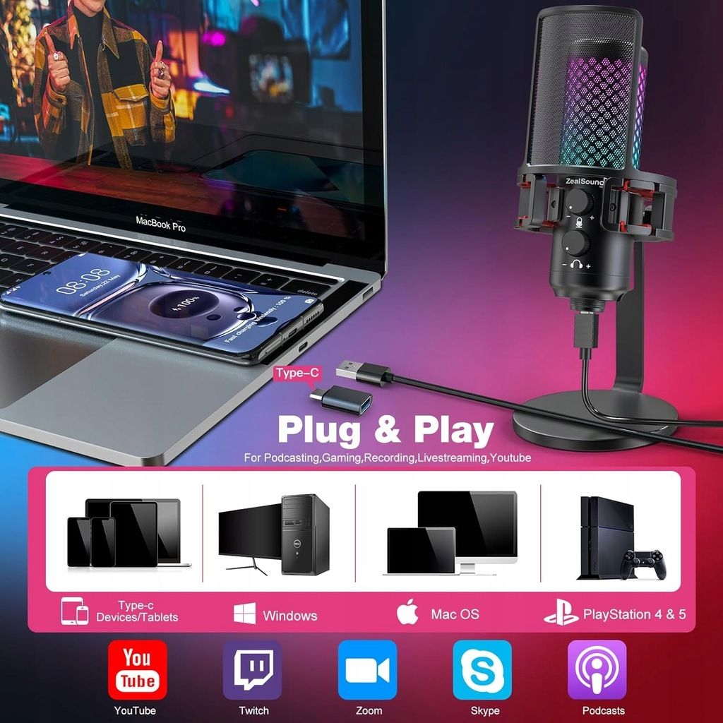Mikrofon pojemnościowy gamingowy, RGB, ZealSound bkd-12a, Filtr pop